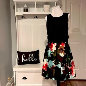 Trina Turk Aline dress with dark blue and burgundy lace top pleated floral